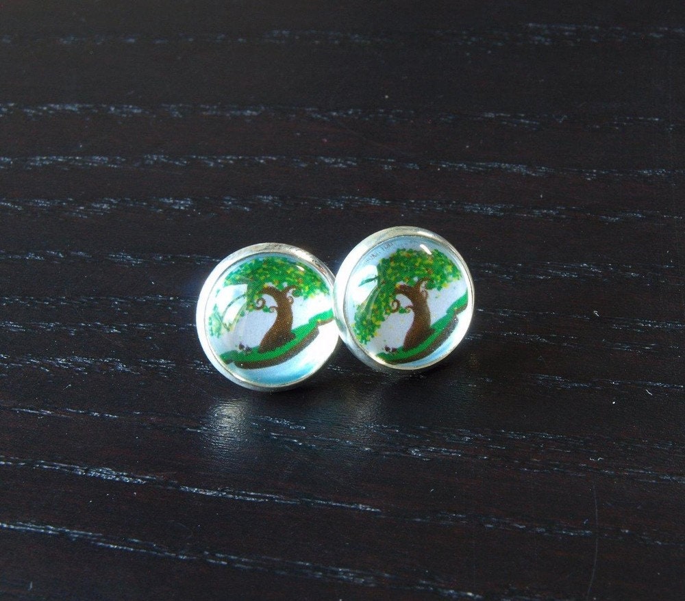 Ohrringe Baum Cabochon Ohrstecker bunt weiß