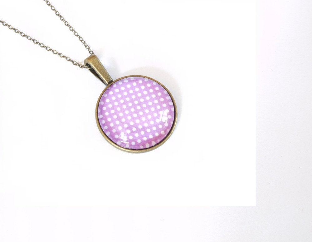 Kette Punkte lila weiß Polka Dots bronze Cabochon