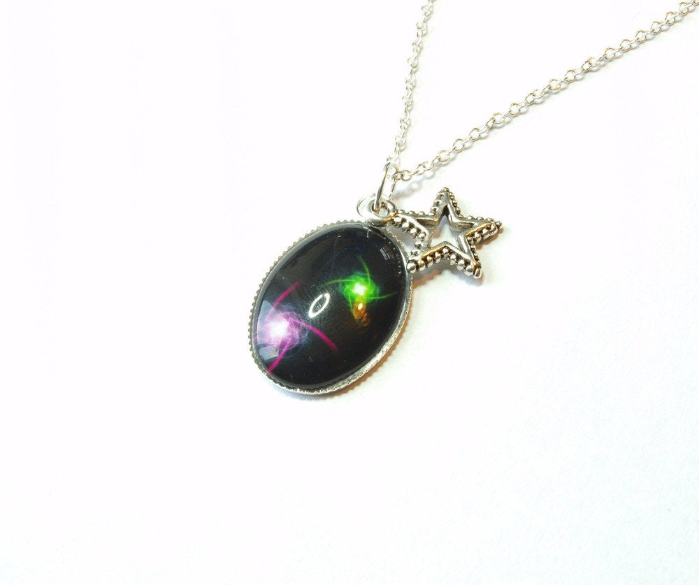 Kette silbern Cabochon retro Muster bunt Sterne