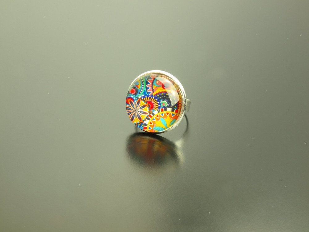 Ring Cabochon Glas silber Bunt Farbig Retro Mix