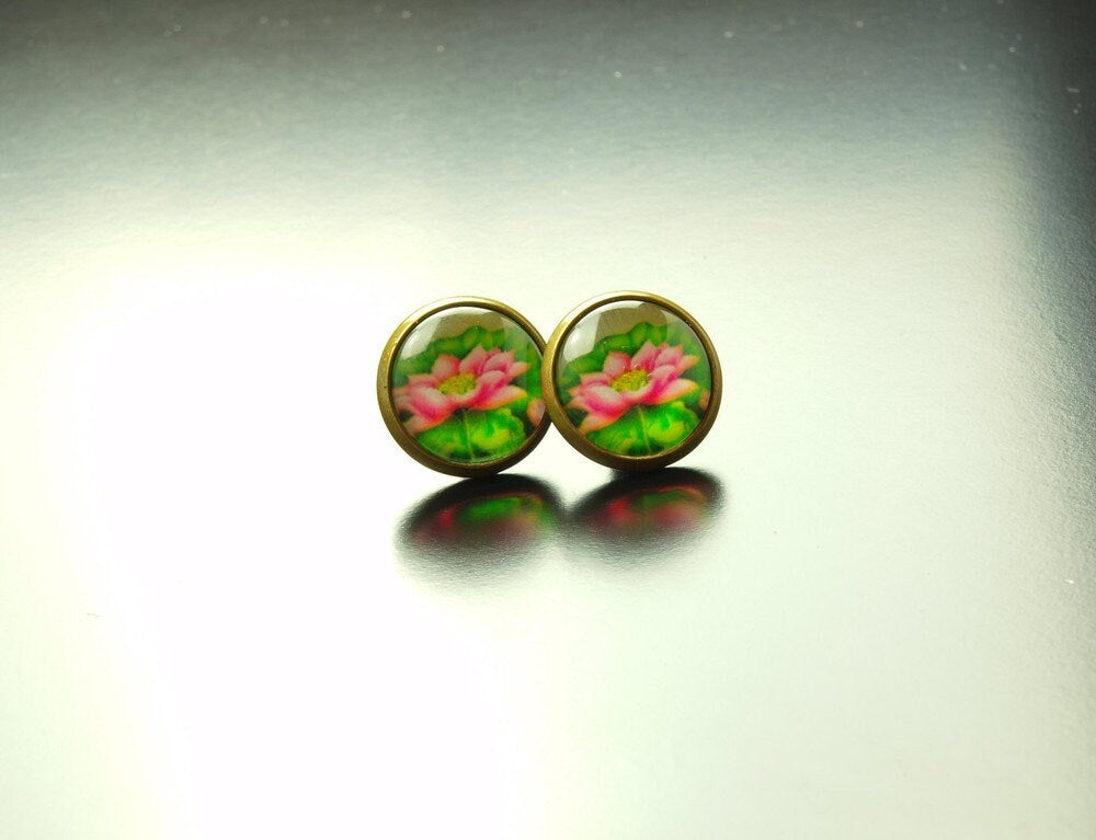 Ohrringe Blüten Cabochon Ohrstecker rosa bronze