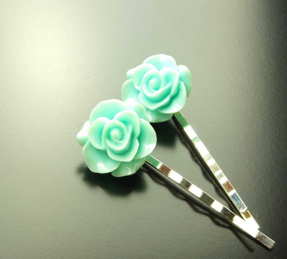 Haarklemme Set Blüte Rose türkis blau Haarnadel