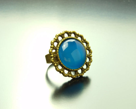 Ring blauer Achat Edelstein vintage bronze groß