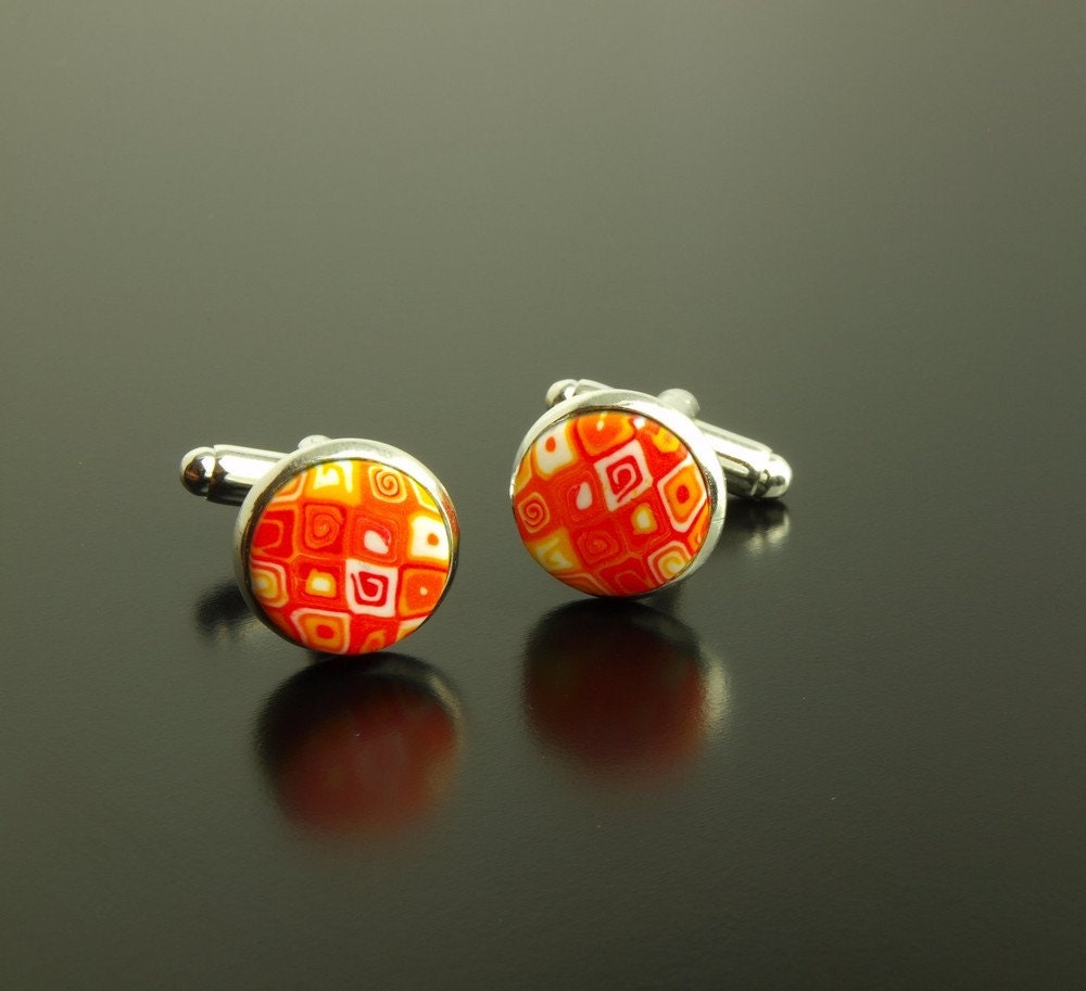 Manschettenknöpfe Platin silber retro orange weiß