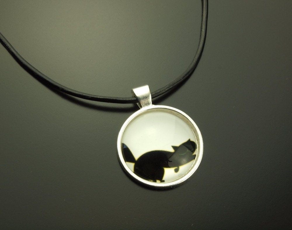 Kette Leder Cabochon Glas Katze weiß schwarz