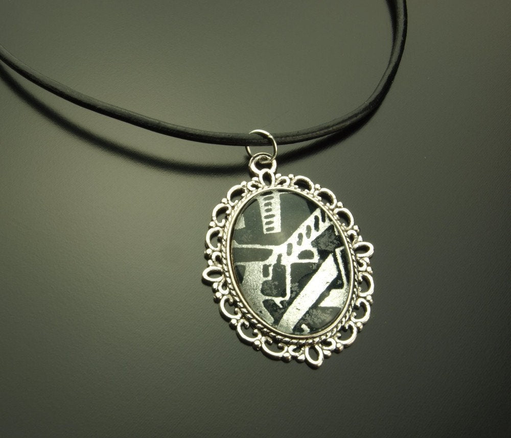 Kette Leder Cabochon Glas schwarz weiß retro