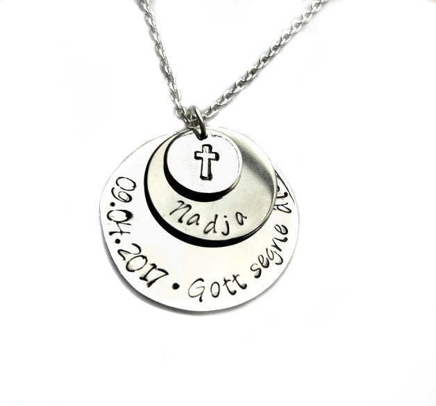 Kette Anhänger Name Datum Kreuz Buchstaben silbern