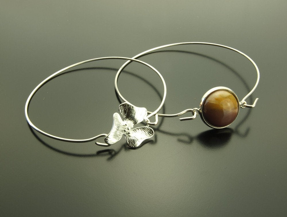 Set Armreif Edelstein Tigerauge Cabochon silbern