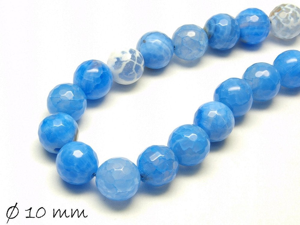 10 Stück facettierte Achatperlen, 10 mm, blau weiß