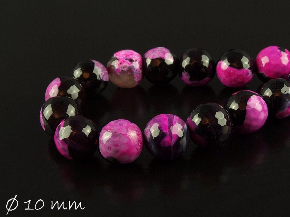 10 Stück facettierte Achatperlen 10 mm, pink, schwarz