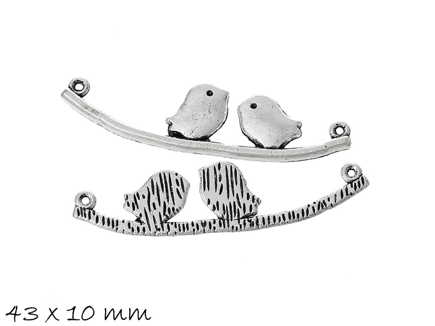 4 Stück Verbinder Vögel auf der Stange altsilber 43 x 10 mm