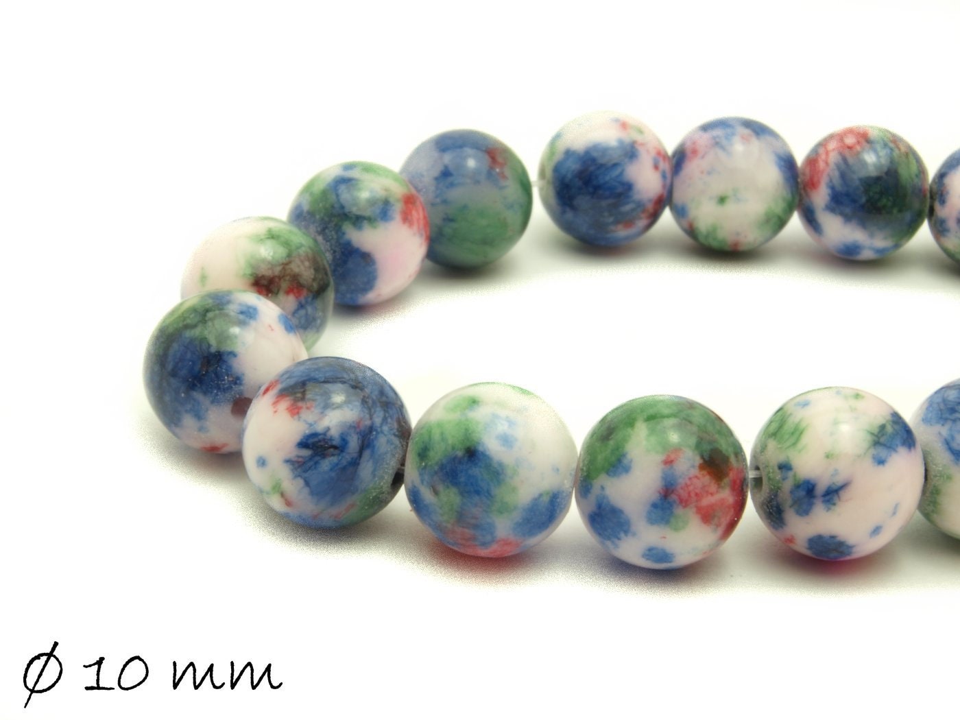 10 Stück Edelstein Jadeperlen, blau rot grün, Ø 10 mm