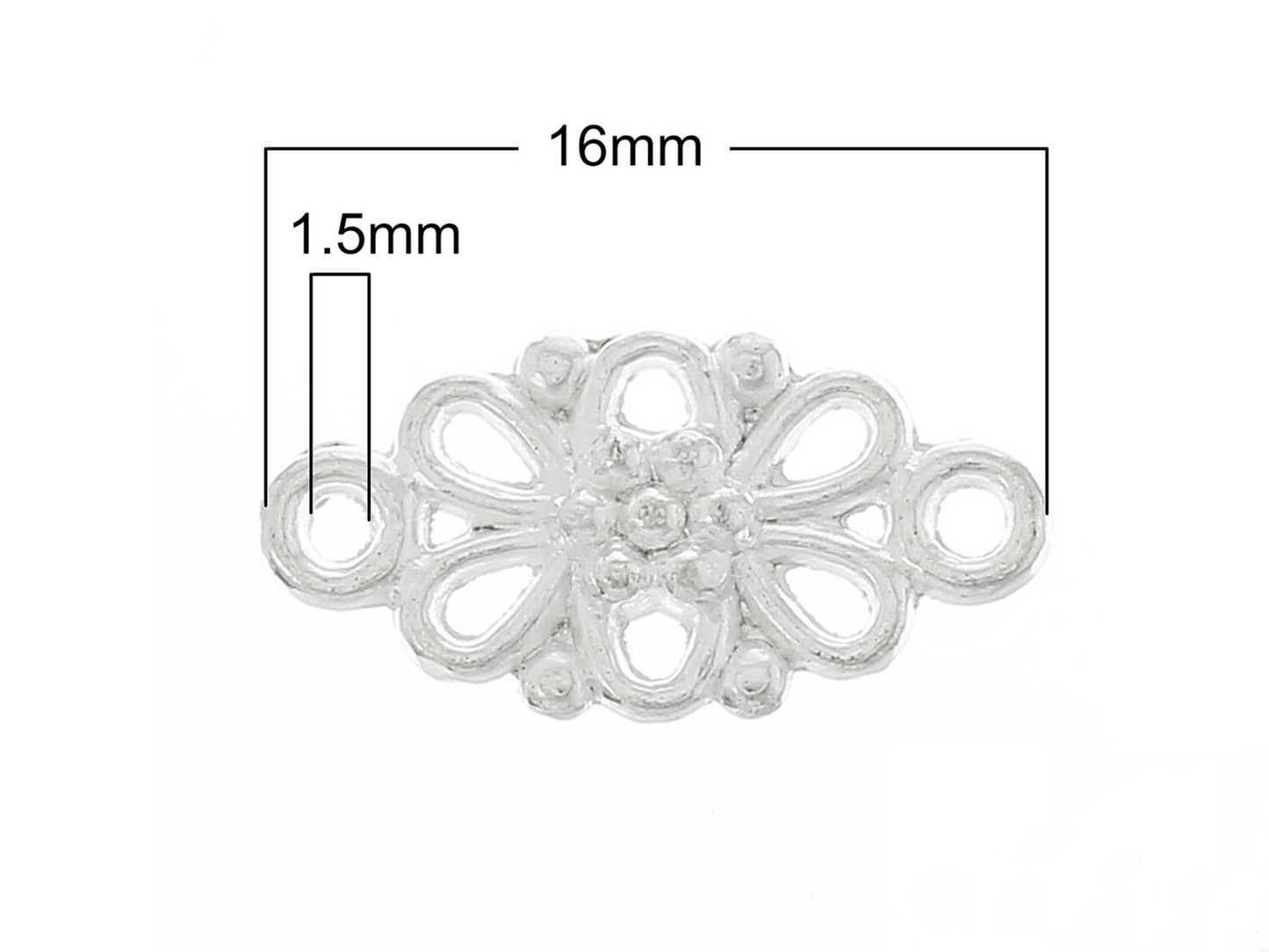 10 Stück Verbinder mit verspieltem floralem Muster und 2 Ösen in silber, 16 x 8 mm