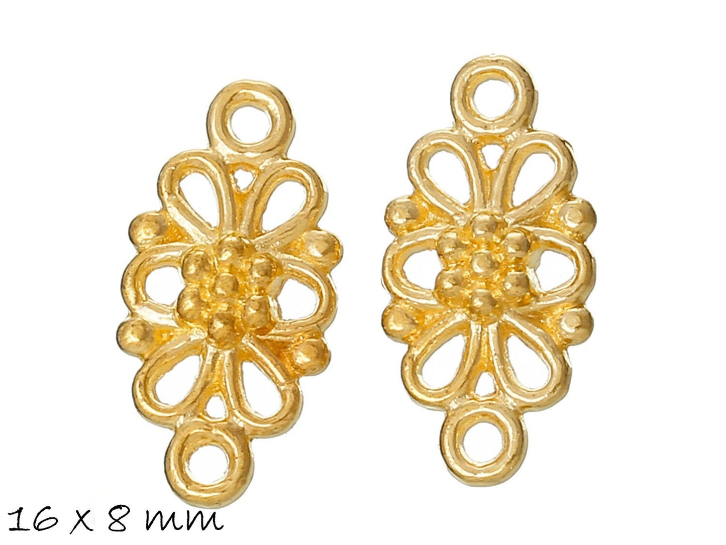 10 Stück Verbinder mit verspieltem floralem Muster und 2 Ösen in gold, 16 x 8 mm