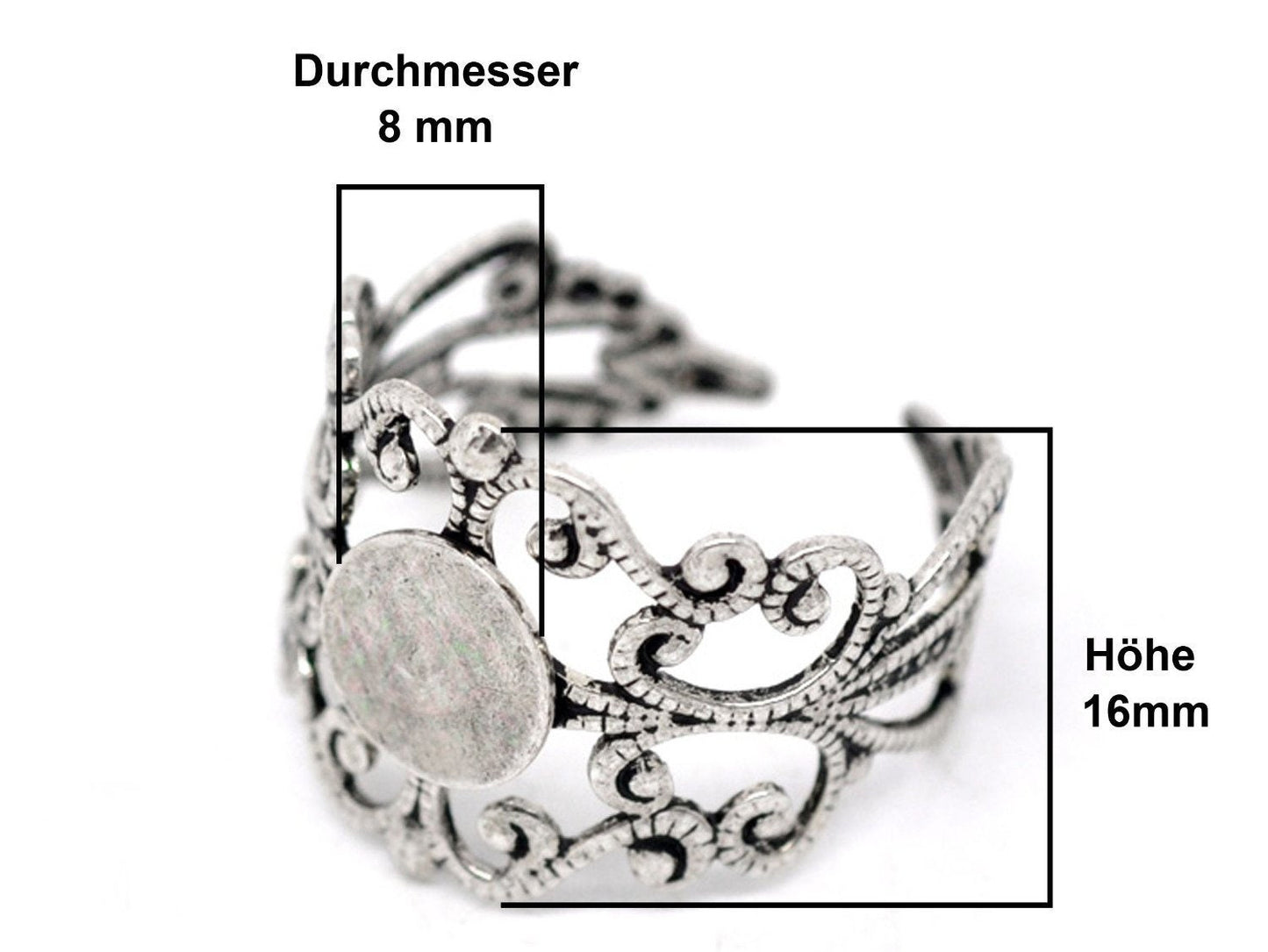 2 Stück Ring Rohling, verstellbar, altsilber, verziert, 19 mm, Klebefläche: 8 mm