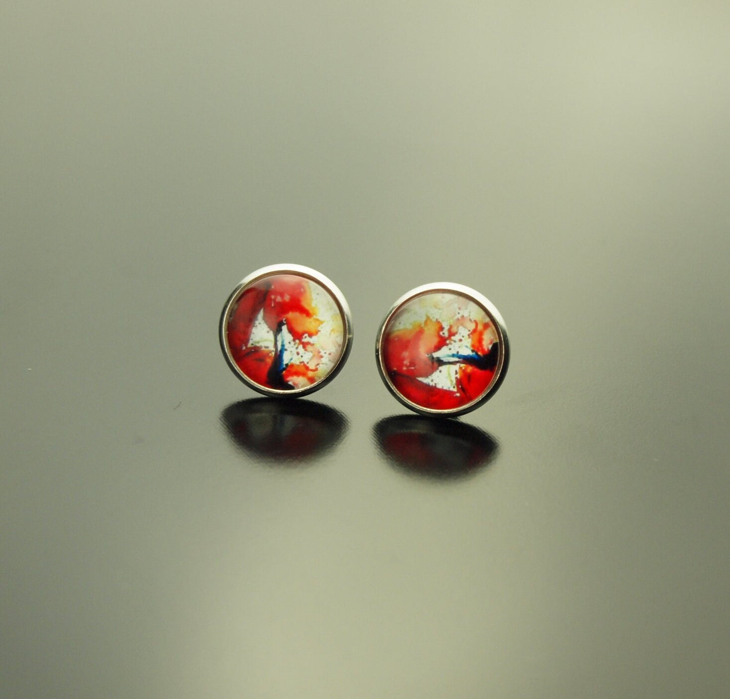 Ohrringe Vogel Flamingo rot weiß Glas Papier Cabochon als Ohrstecker / Ohrhänger in silber / bronze / golden