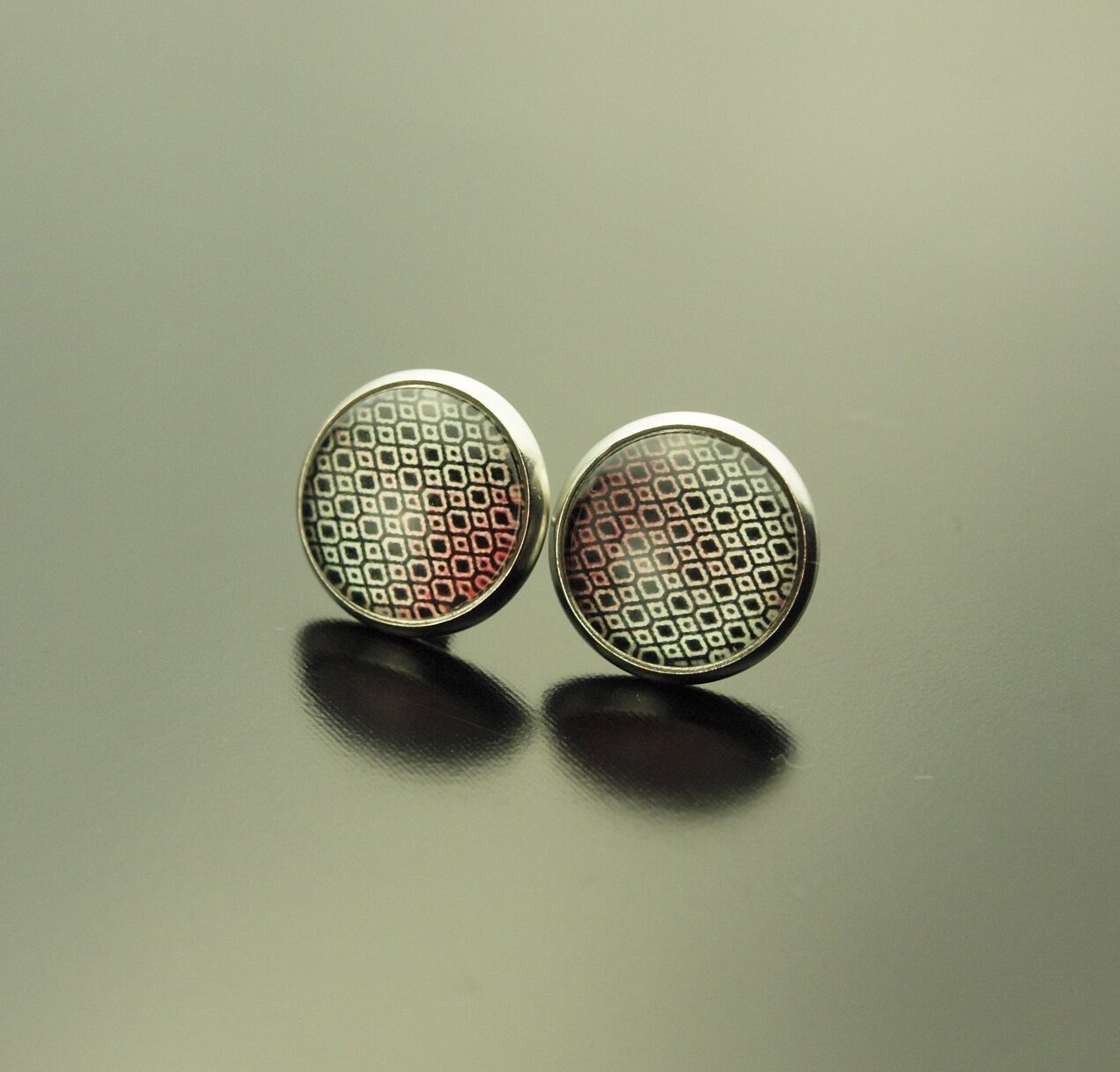 Ohrringe Retro Muster rot schwarz weiß Glas Papier Cabochon als Ohrstecker / Ohrhänger in silber / bronze / golden