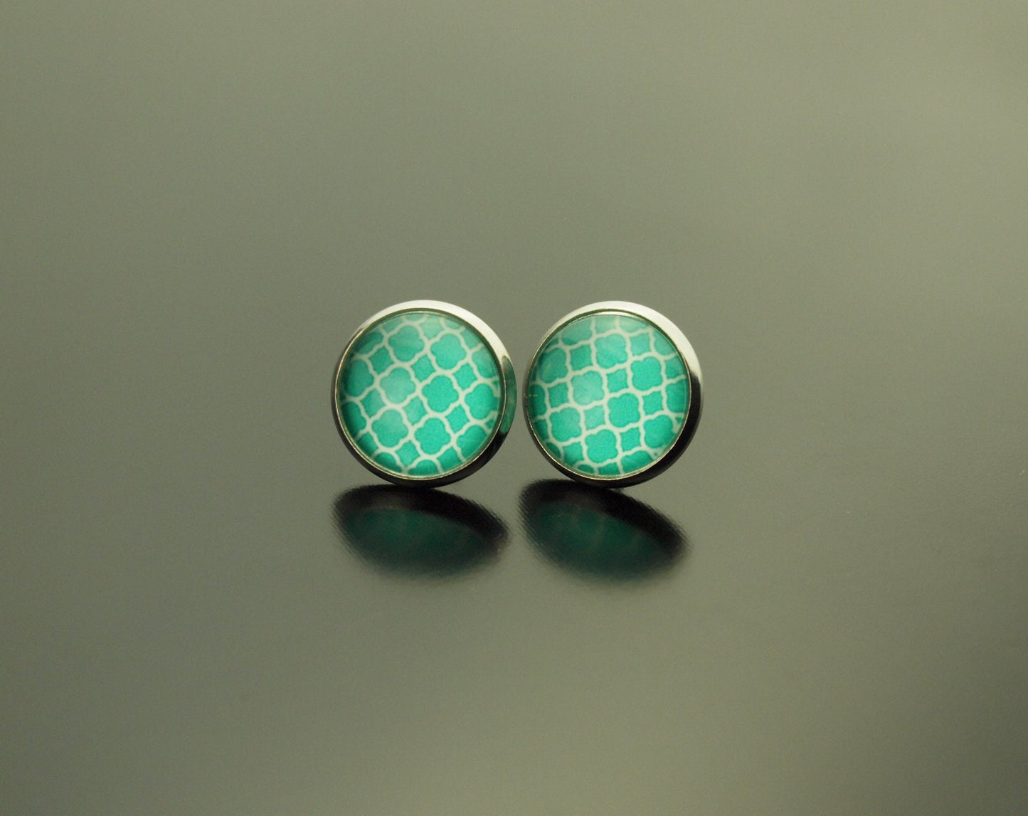 Ohrringe Retro Muster Wellen blau türkis weiß Glas Papier Cabochon als Ohrstecker / Ohrhänger in silber / bronze / golden