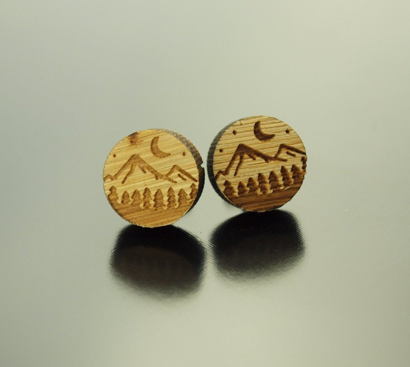 Ohrstecker Scheibe Berge Landschaft Nacht Mond Himmel Wald Holz Ohrringe Stecker