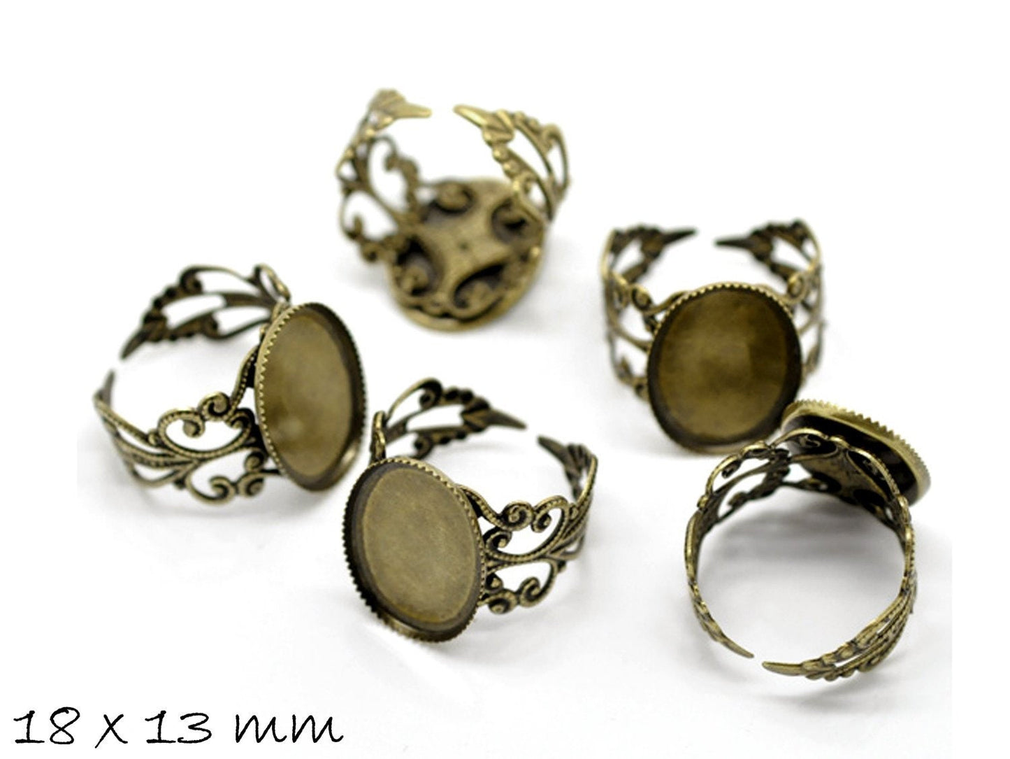 2 Stück Ring Rohling, verstellbar, bronze, verziert, 18 x 13 mm