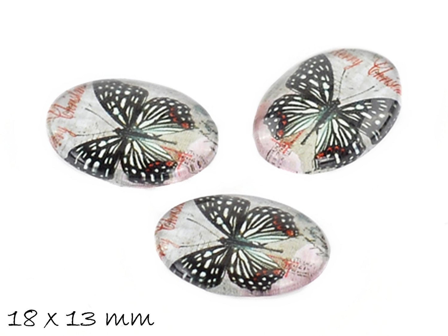 5 Stück beklebte Glas Cabochons, Schmetterling 18 x 13 mm