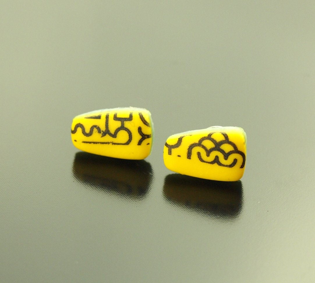 Ohrstecker Rechteck retro Muster Linien gelb schwarz Polymer Clay Fimo Ohrringe Stecker