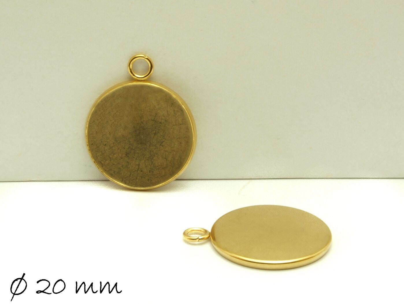 2 Stück Anhänger mit Fassung für Cabochons, Edelstahl, gold, 20 mm