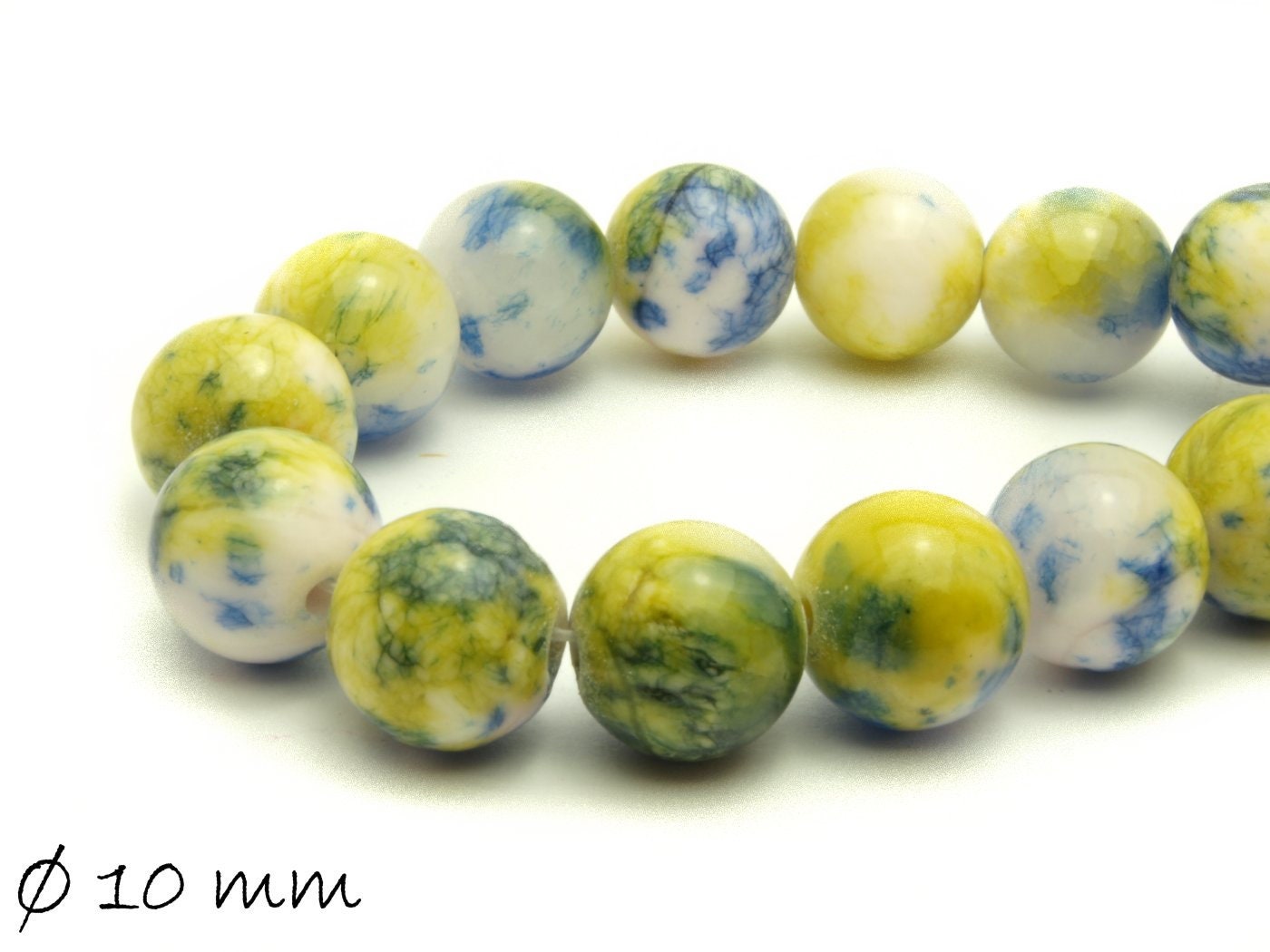 10 Stück Edelstein Jadeperlen, gelb blau weiß, Ø 10 mm