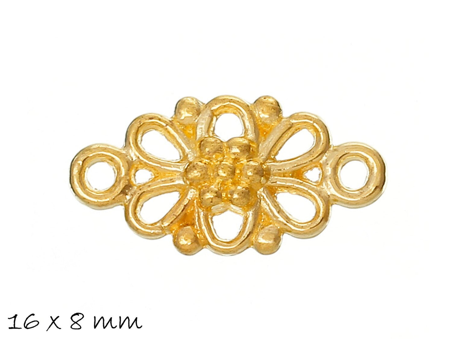 10 Stück Verbinder mit verspieltem floralem Muster und 2 Ösen in gold, 16 x 8 mm