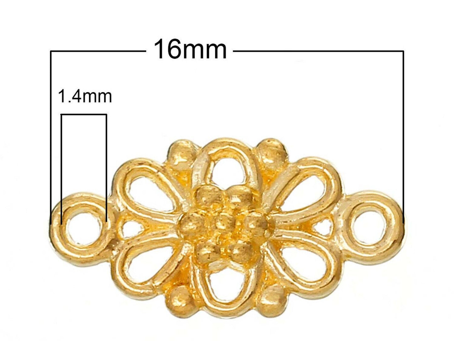 10 Stück Verbinder mit verspieltem floralem Muster und 2 Ösen in gold, 16 x 8 mm