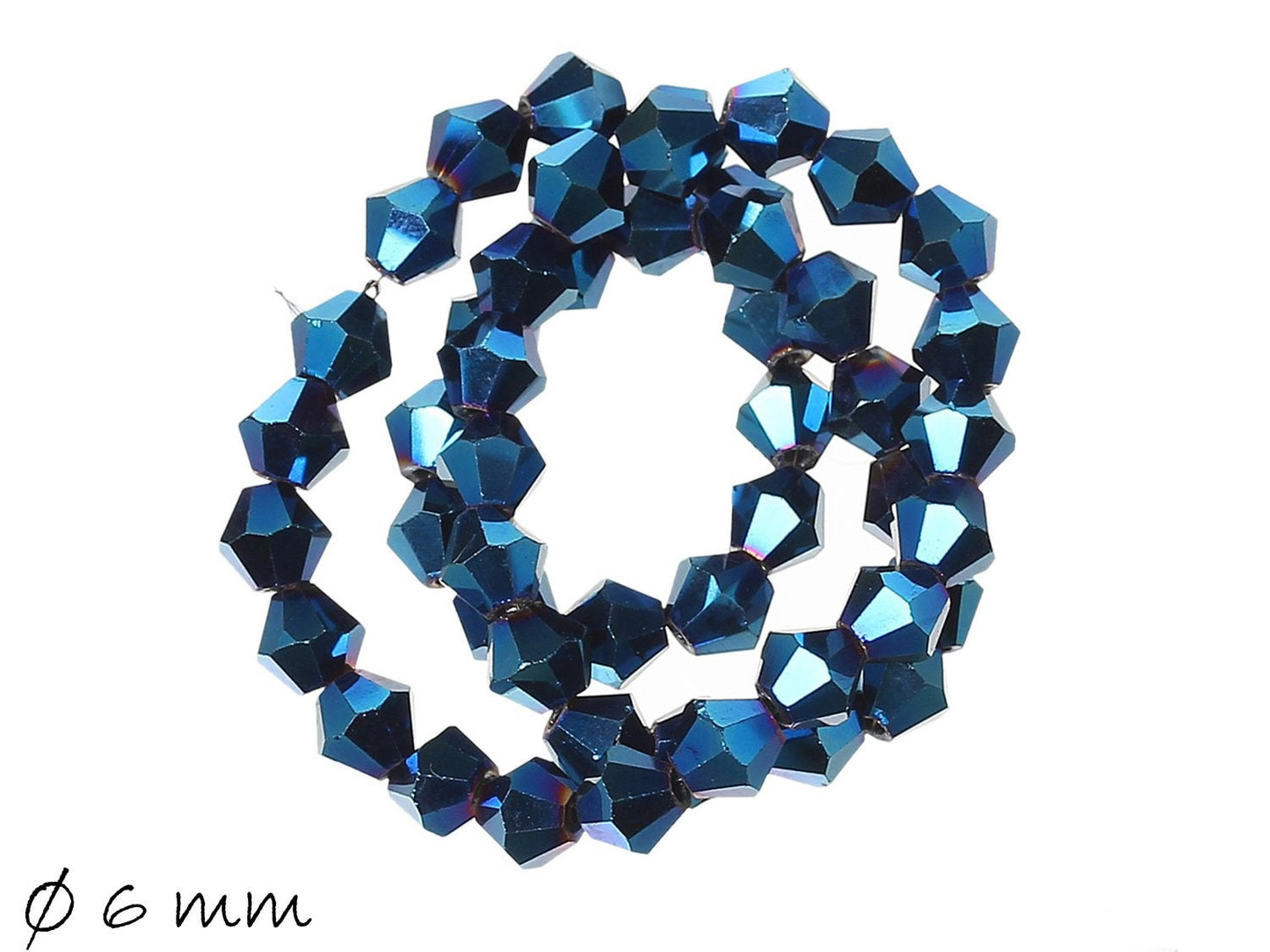 20 Stück Glassschliffperlen, Bicone, facettiert, blau-metallic, 6 x 6 mm