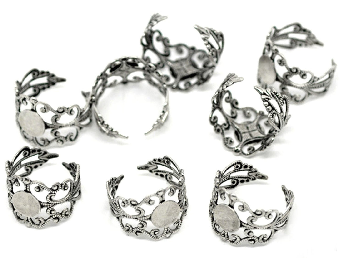 2 Stück Ring Rohling, verstellbar, altsilber, verziert, 19 mm, Klebefläche: 8 mm