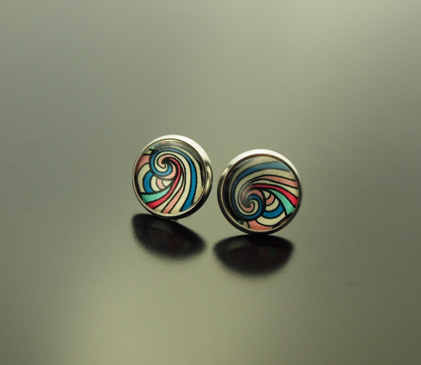 Ohrringe Muster Spirale bunt Glas Papier Cabochon als Ohrstecker / Ohrhänger in silber / bronze / golden