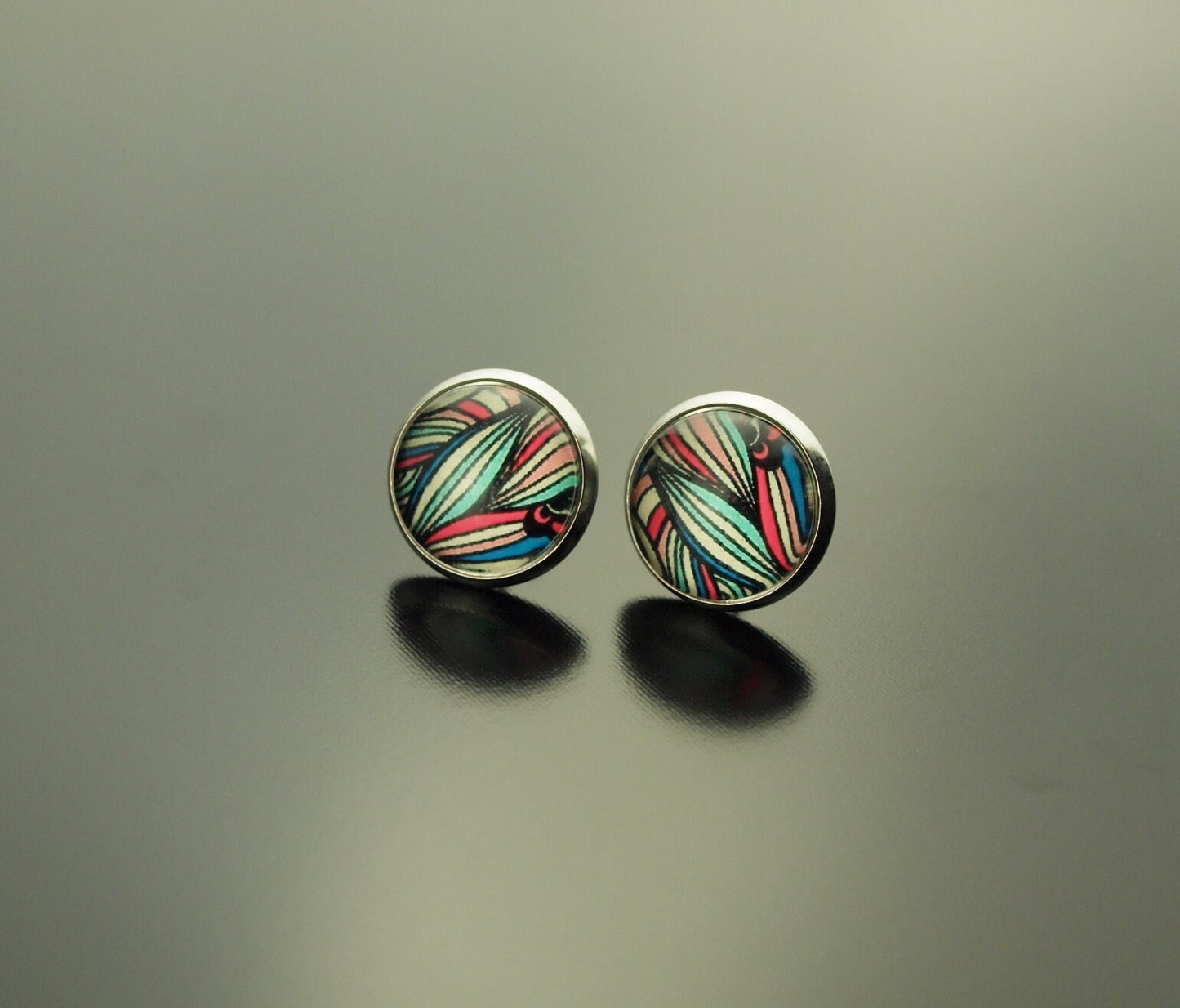 Ohrringe Muster Streifen bunt Glas Papier Cabochon als Ohrstecker / Ohrhänger in silber / bronze / golden