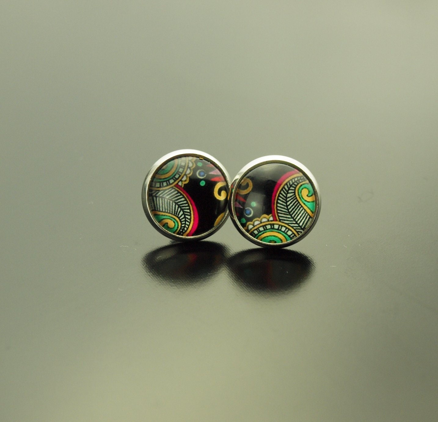 Ohrringe Blumen Blüten Muster schwarz bunt Glas Papier Cabochon als Ohrstecker / Ohrhänger in silber / bronze / golden
