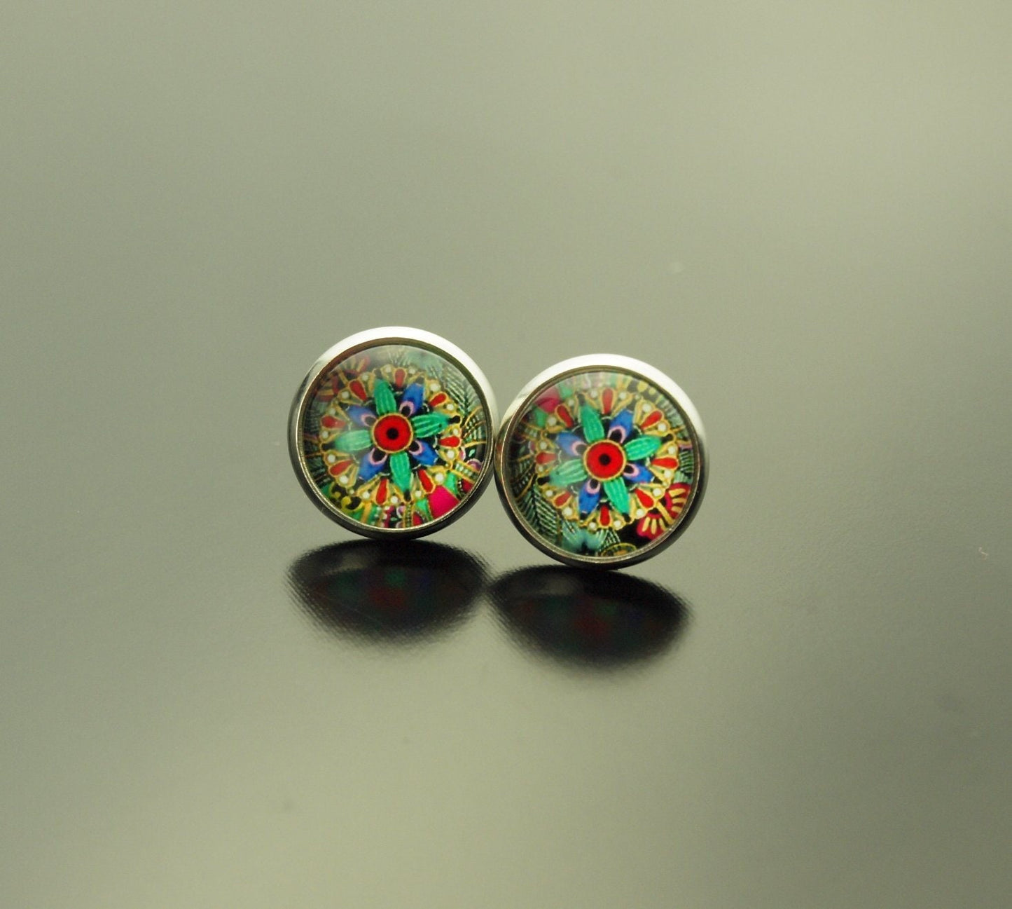 Ohrringe orientalisches Muster Mandala bunt Glas Papier Cabochon als Ohrstecker / Ohrhänger in silber / bronze / golden