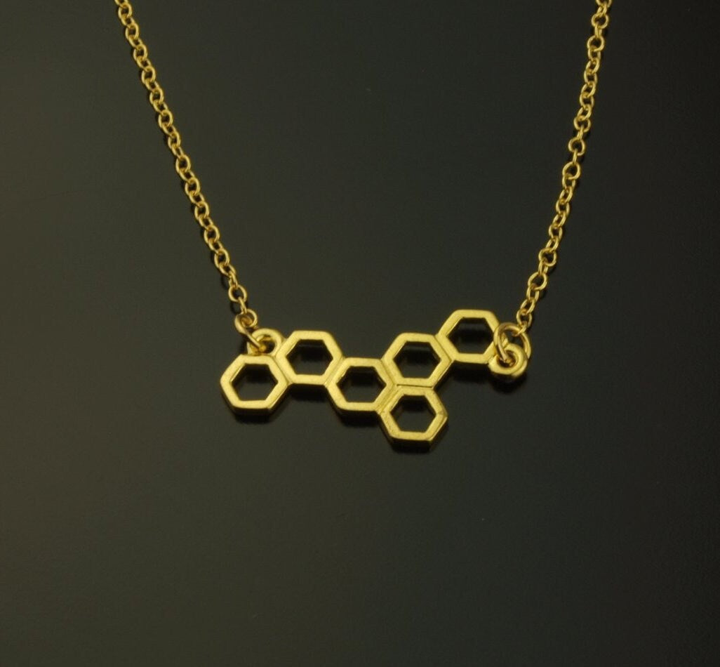Kette Waben Hexagon Sechseck golden Anhänger Biene