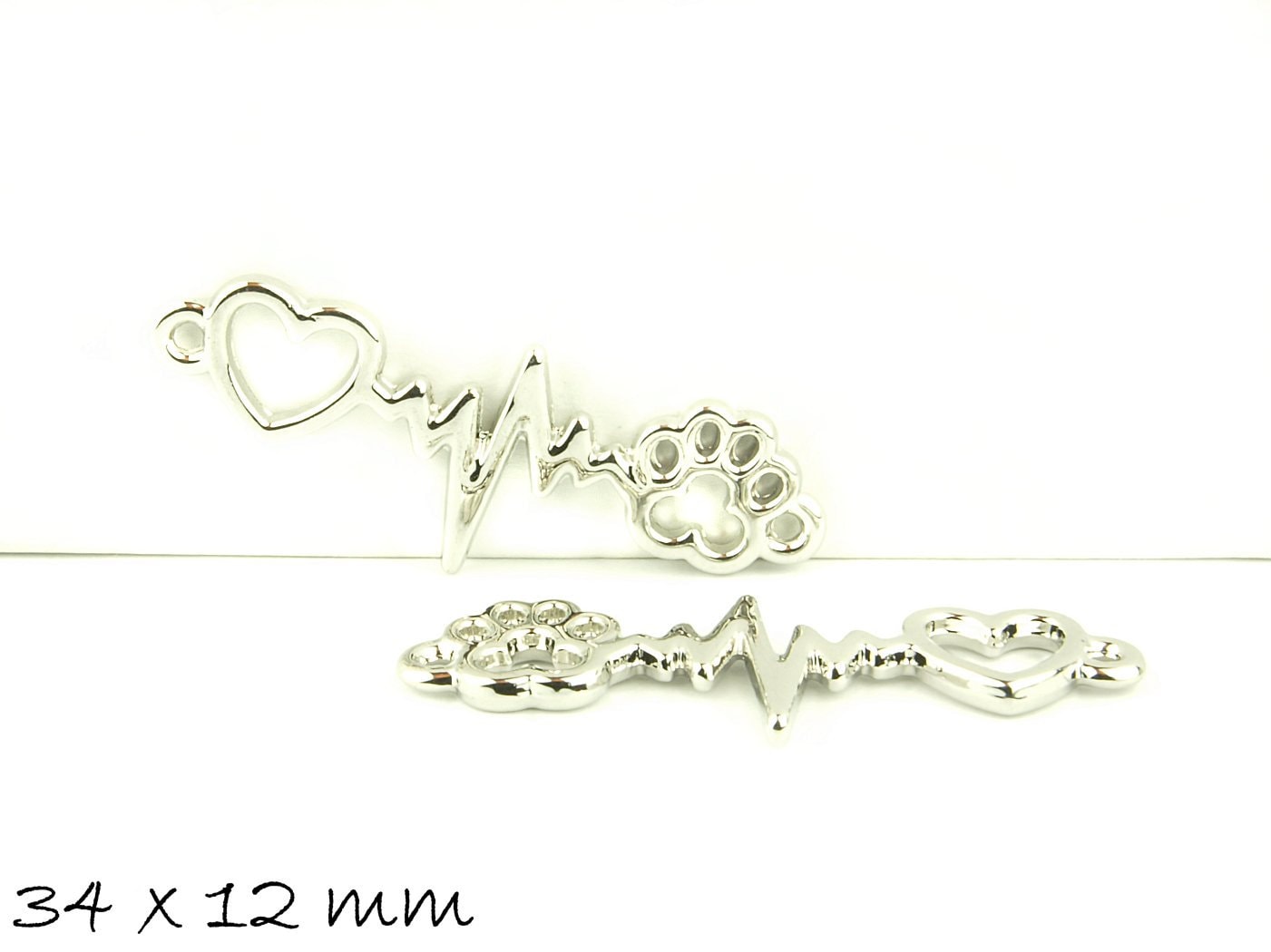 4 Stück Verbinder Herzschlag, Herz und Pfote platin 34 x 12 mm