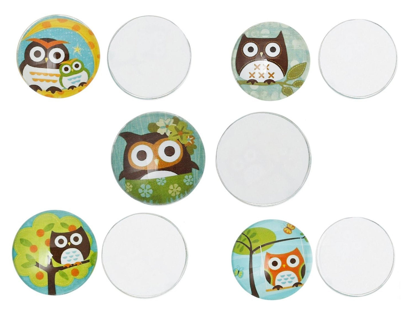 5 Stück beklebte Glas Cabochons, Set Eulen Ø 20 mm
