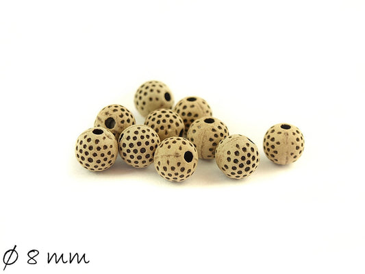 10 Stück Acryl Perlen Knochen Imitat, gemustert,, rund, Ø 8 mm