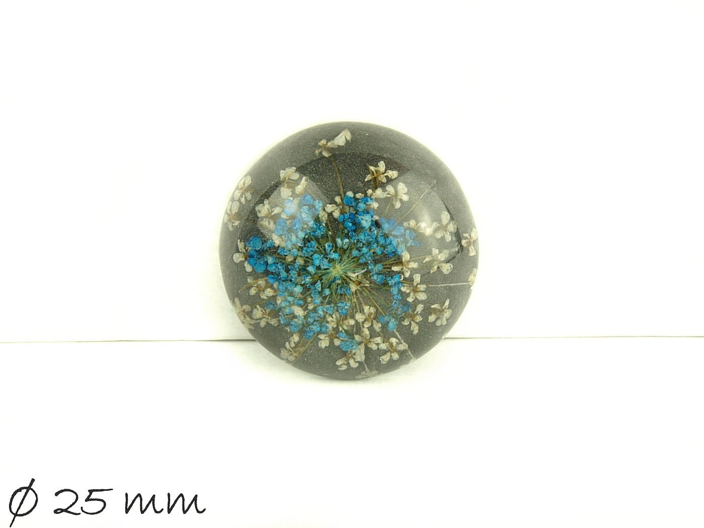 1 Stück echte Blüten Resin Cabochon rund, Ø 25 mm, blau weiß