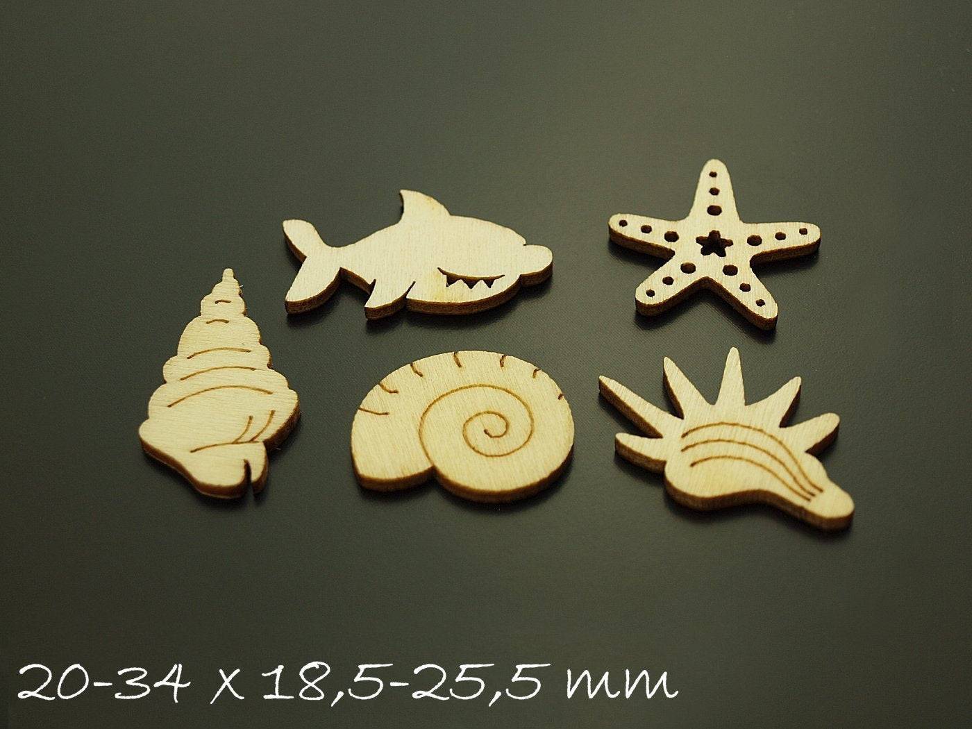 5 Stück Anhänger Holzperlen, Meer, Muschel,Seestern, Hai,...