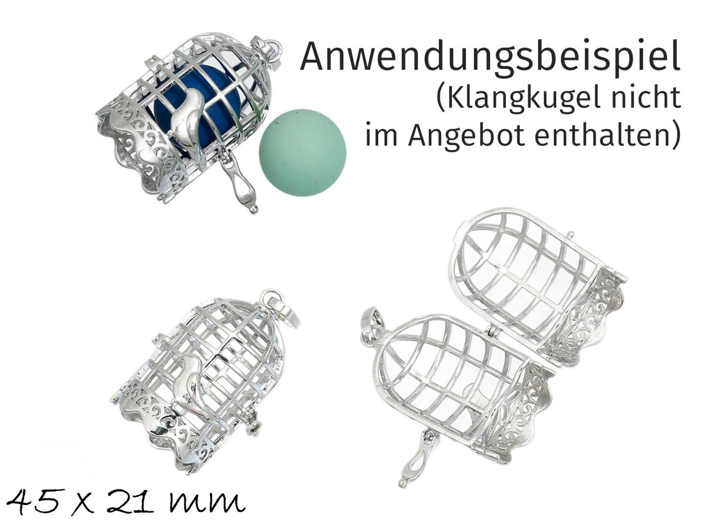 1 Stück Anhänger Wunschbox in Form eines Käfigs mit Vogel in silber, Ø 45 x 21 mm