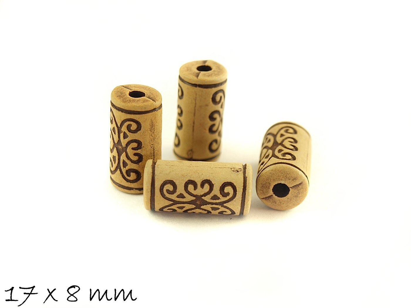 10 Stück Acryl Perlen Knochen Imitat, gemustert, tube, 17 x 8 mm