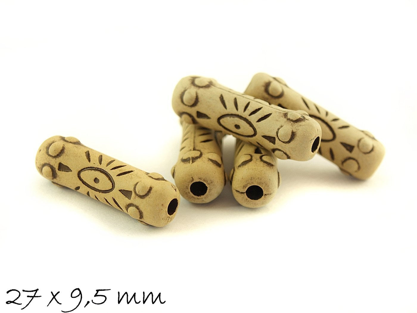 10 Stück Acryl Perlen Knochen Imitat, gemustert, tube, 27 x 9,5 mm