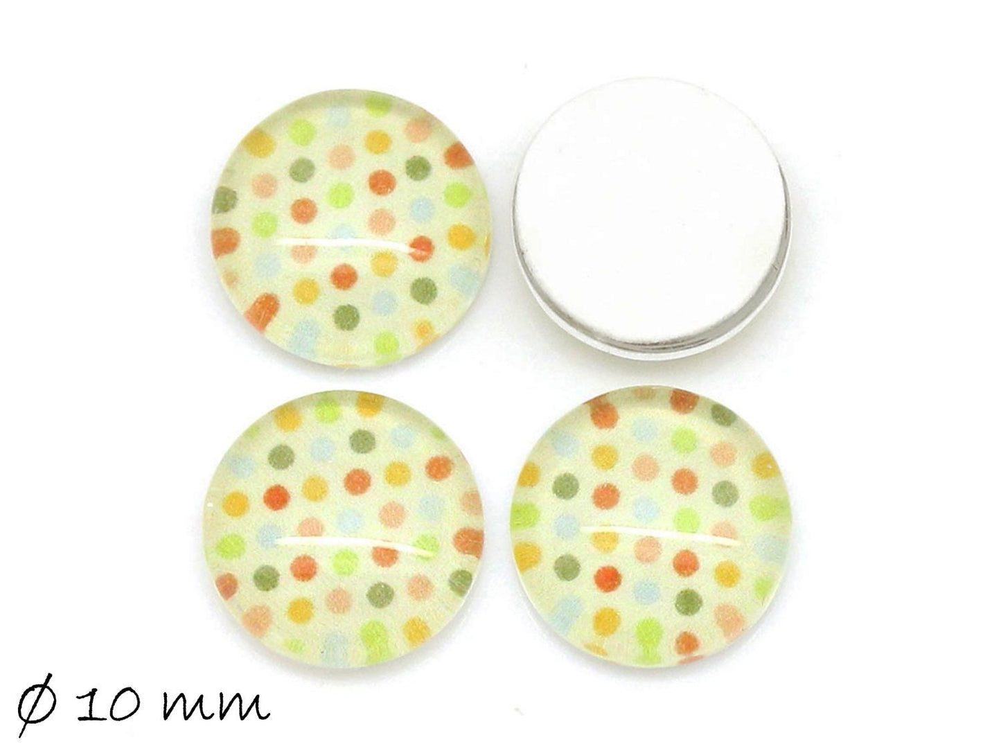 10 Stück runde Glas Cabochons, gelb mit bunten Punkten Ø 10 mm