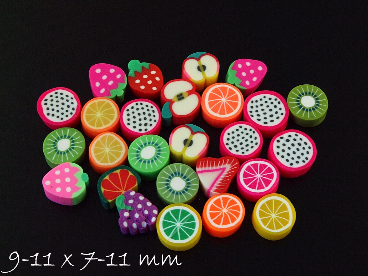 10 Stück Cabochons aus Fimo (Polymer Clay), verschiedene Früchte, Obst, 9-11 x 7-11 mm