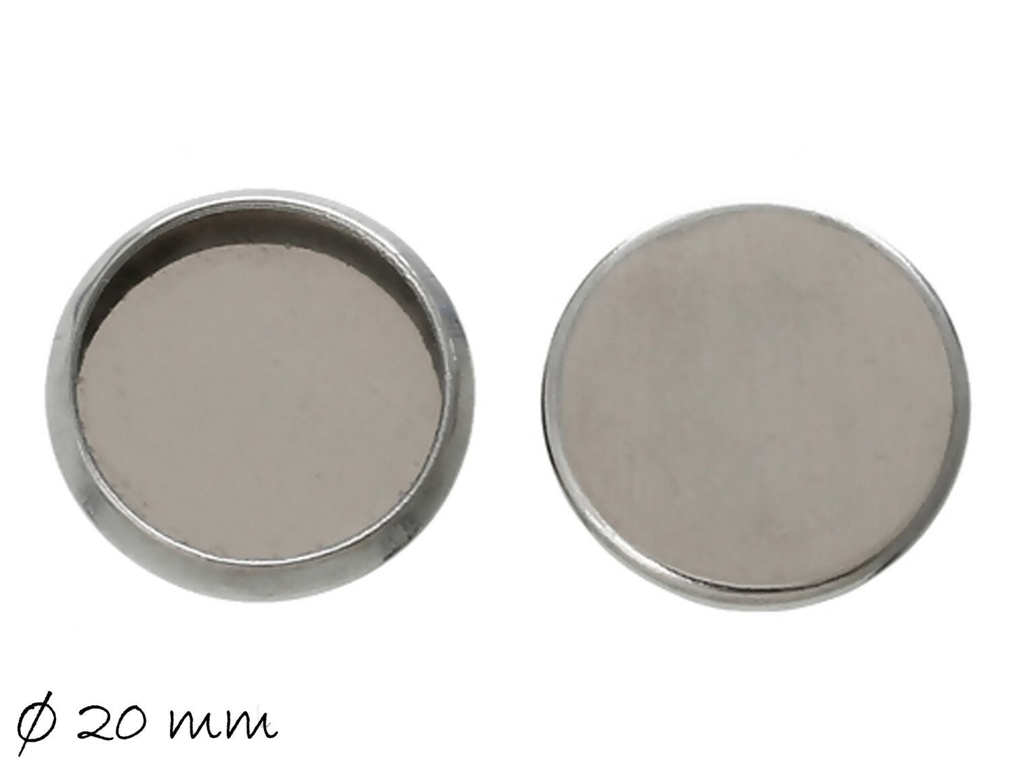 2 Stück Fassungen für Cabochons, Deckel aus Edelstahl, Silber, Ø 20 mm
