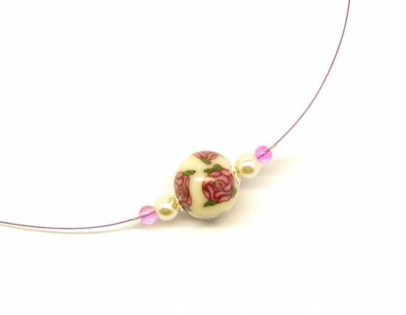 Kette nach Wahl Schmuckdraht Perle Polymer Clay Punkte Rose rot gelb grün weiß rosa bunt Fimo