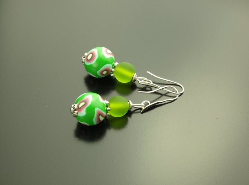 Ohrringe nach Wahl mit Perle Fimo Clay Porzellan gelb grün rosa braun Blätter Blüten silbern bronze Juvelato